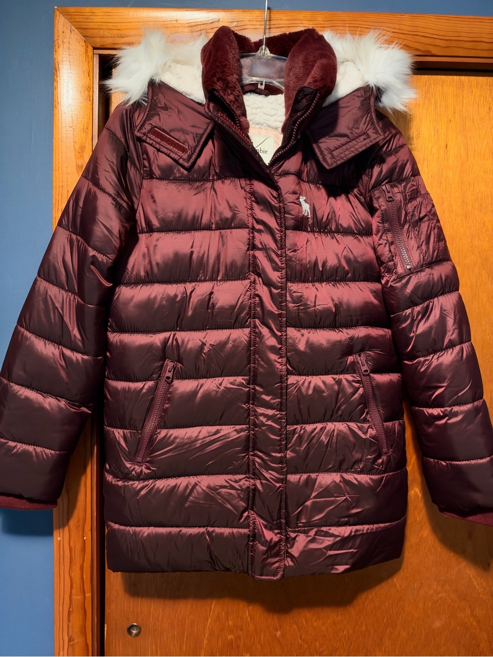 Abercrombie Kids Burgundy Puffer Coat with Faux Fur Hood